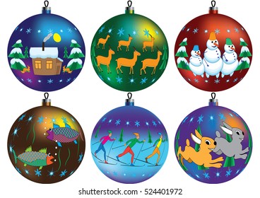 Christmas balls with images of people, animals, fish, snowmen