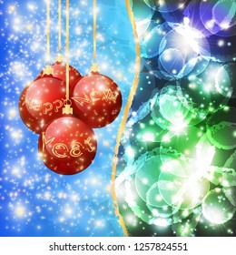 Christmas balls with an inscription Happy New Year on a blue green background, divided by a golden torn line with highlights and sparkles with flashes of light and snowflakes
