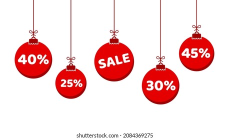 Christmas balls with the inscription, sale, discount, percentage. Vector illustration, flat minimal cartoon color design, isolated on white background, eps 10.