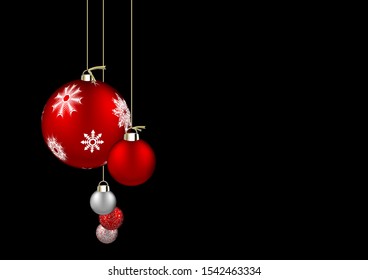 Christmas balls isolated on black background. Festive xmas and New Year background decoration red and silver bauble with snowflakes, hanging on the ribbon.