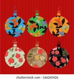 christmas balls isolated on red background 