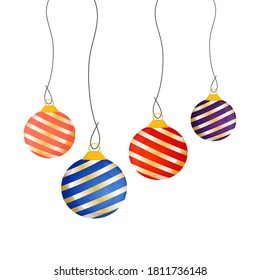 Christmas balls isolated on a white background. Christmas decorations for the Christmas tree. Multi-colored balls with gold stripes on . Vector illustration in cartoon style.