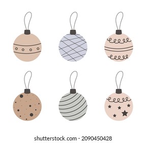 Christmas balls isolated on white. Set of christmas tree decoration. Scandinavian winter hand drawn festive element. Cozy home decoration. Vector illustration in flat style.