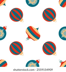 Christmas balls and lanterns flat seamless pattern. Perfect print for fabric, textile, greeting card, wrapping paper. Retro style vector illustration.


