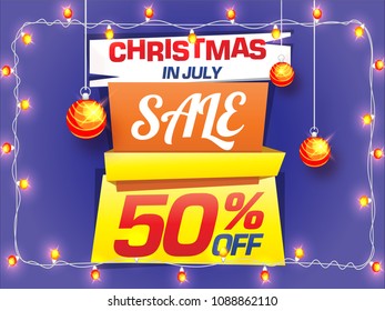 Christmas balls, and lights, Christmas sale, poster, banner or flyer design with 50% off offers.