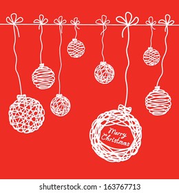 Christmas balls of the lines on a red background with text Merry Christmas