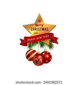 Christmas balls and Merry Christmas and Happy New Year  lettering, Greeting card, isolated vector illustration.