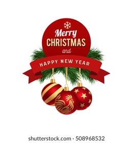 Christmas balls and "Merry Christmas and Happy New Year"  lettering, Greeting card, Vector illustration.