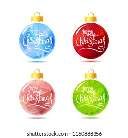 Christmas balls with Merry Christmas lettering isolated on white background. New Year and Christmas illustration. Design element for greeting cards and decoration.