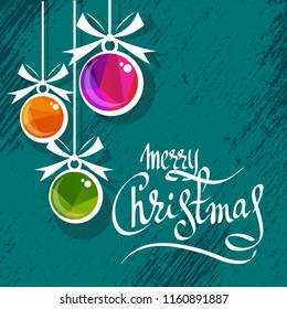 Christmas balls with Merry Christmas lettering isolated on blue background. New Year and Christmas illustration. Design element for greeting cards and decoration.