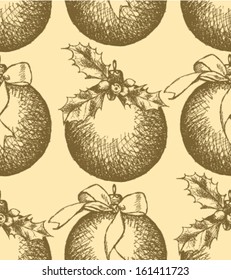 Christmas balls with mistletoe and bow, vector sketch background 