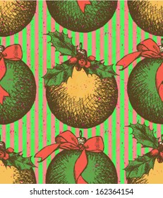 Christmas balls with mistletoe and bow, vector sketch background 
