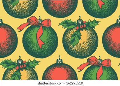 Christmas balls with mistletoe and bow, vector sketch background 