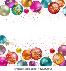 Christmas balls, new year decoration with lettering. Holidays hand calligraphy quotes on colorful balls with confetti and glitter. Vector decorative composition for your design on white background.