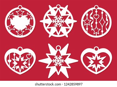 Christmas balls, New Year's decoration with heart, star, snowflake. Leather or wood earring winter theme. Template for laser or plotter cutting, wood carving. Die cut vector festive illustration. 