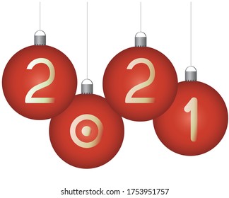 Christmas balls with numbers 2021 as year isolated on white background for design, realistic color stock vector illustration of christmas balls as a card or greeting or design element