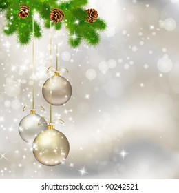 Christmas balls on abstract light grey background. Vector eps10 illustration