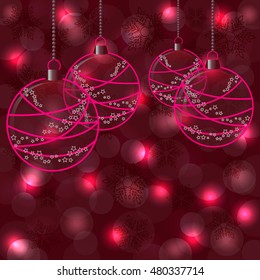 Christmas balls on abstract purple background. Vector illustration.