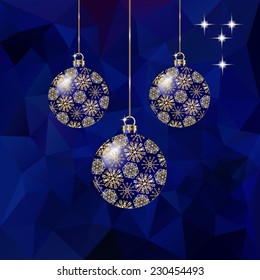 Christmas balls  on abstract triangles vector background in red tones.
