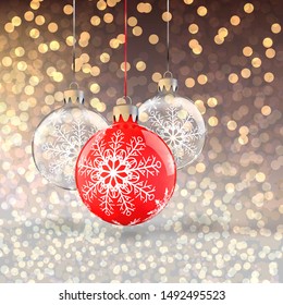 Christmas balls on a background of bokeh, New Year wallpapers with red and transparent Christmas toys.