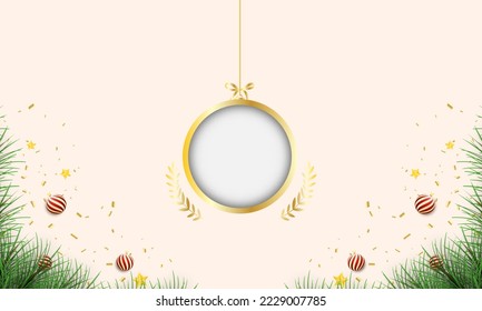Bolas de Navidad en el fondo con confeti. Feliz Navidad y feliz año nuevo con la pelota de Navidad y ramas de fuego en el fondo. Navidad y vacaciones de fondo de año nuevo. Ilustrador de vectores