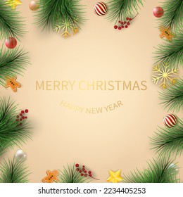 Christmas balls on the background with confetti. Merry Christmas and happy new year with Christmas ball and fir branches on background. Christmas and new year background holiday. Vector illustrator