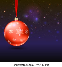 Christmas balls on the background with flash and Merry Christmas lights. Realistic vector bright balls with snowflakes. Greeting card with place for your text, editable eps 10