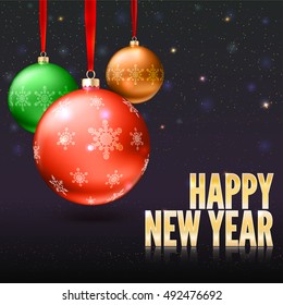 Christmas balls on the background with flash and Christmas lights. Realistic vector bright balls with snowflakes. Greeting card with golden text, editable eps 10