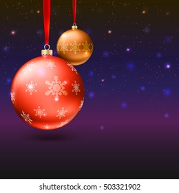 Christmas balls on the background with flash and Merry Christmas lights. Realistic vector bright balls with snowflakes. Greeting card with place for your text, editable eps 10