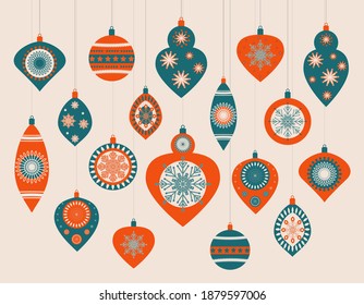 Christmas balls on a beige background. Retro and Scandinavian style. The balls are green and red. Horizontal banner. Christmas balls with decorations and snowflakes.