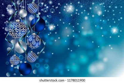 Christmas balls on blue background with Stardust sparks. Christmas Vector New Year design for greeting card, party invitation, holiday sales.