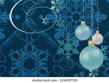 Christmas balls on a blue background with snowflakes. Christmas card - retro. Xmas, winter, new year concept. Great for New Year cards, poster, banners, invitations. Colors on image: blue, gray.