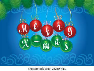 Christmas balls on blue background with fir branches
