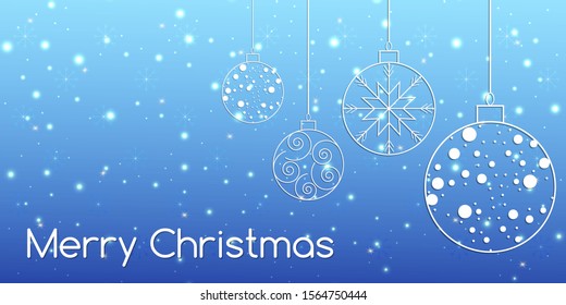 Christmas balls on a blue gradient with twinkling glare, stars and snowflakes.