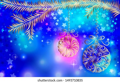 Christmas balls on a branch of spruce in blue and gold colors. Christmas background made of elements for your design. New Year card. Congratulation.  Vector illustration. 