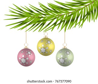 Christmas balls on the branches of a tree. Vector illustration.
