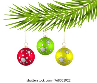 Christmas balls on the branches of a tree. Vector illustration.