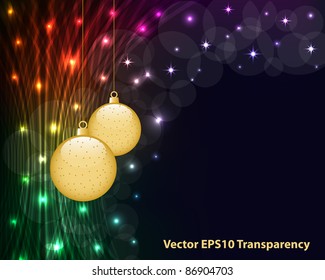 Christmas balls on dark abstract background of glowing neon lights. Copy space for text. Raster also available.