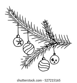 Christmas balls on a fir branch. Vector christmas toys on a tree branch. Christmas pine tree branch hand drawn. 