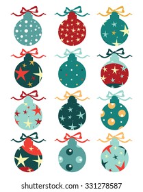 Christmas balls on gift bows isolated on white. Set. Vector illustration.