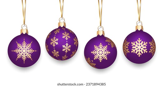 Christmas balls on a gold ribbon. Set of purple Christmas balls with snowflakes pattern isolated on white background.