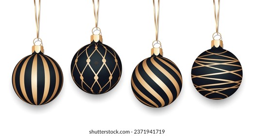 Christmas balls on a gold ribbon. Set of black Christmas balls with striped gold pattern isolated on white background.