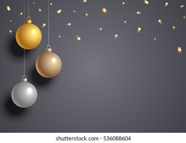 Christmas balls on grey background. Christmas tree bauble decoration. Vector illustration.