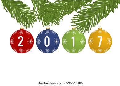 Christmas balls on the pine tree branch with 2017 date. Decorative design for new year. Vector illustration.