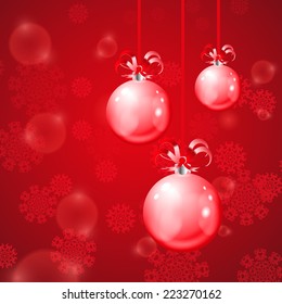 Christmas balls on red background with snowflakes. EPS10 vector.