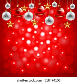 Christmas balls on red background realistic vector
