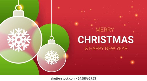 Christmas balls on red glass morphism design. Vector Christmas holydays landing page