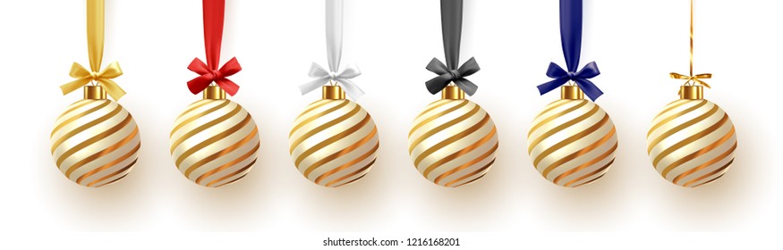 Christmas balls on ribbon isolated on white background. Xmas decoration bauble