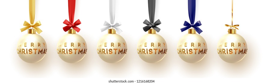 Christmas balls on ribbon isolated on white background. Xmas decoration bauble