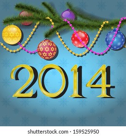 Christmas balls on christmas tree branch, 2014 inscription, vector